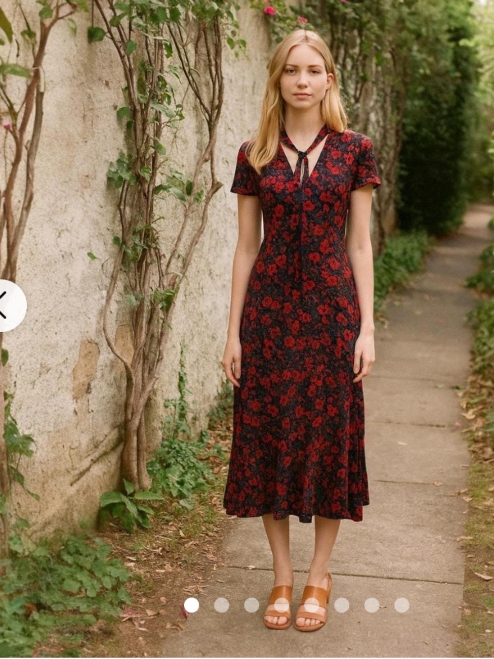 ModCloth Red Floral Pleasant Confidence Tie-Neck Midi Dress Retro Casual